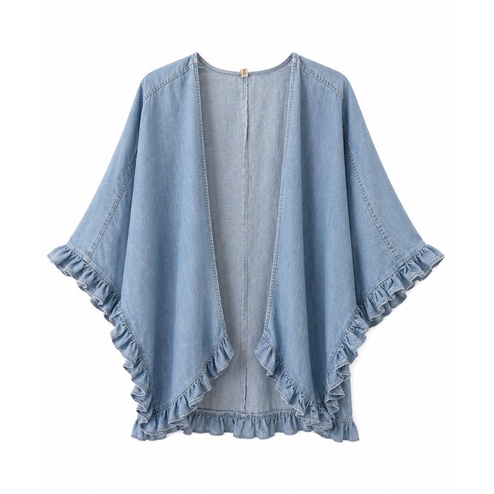 Ursime Womens Denim Kimono Cardigan Blue Ruffle Trim Open Front One Size